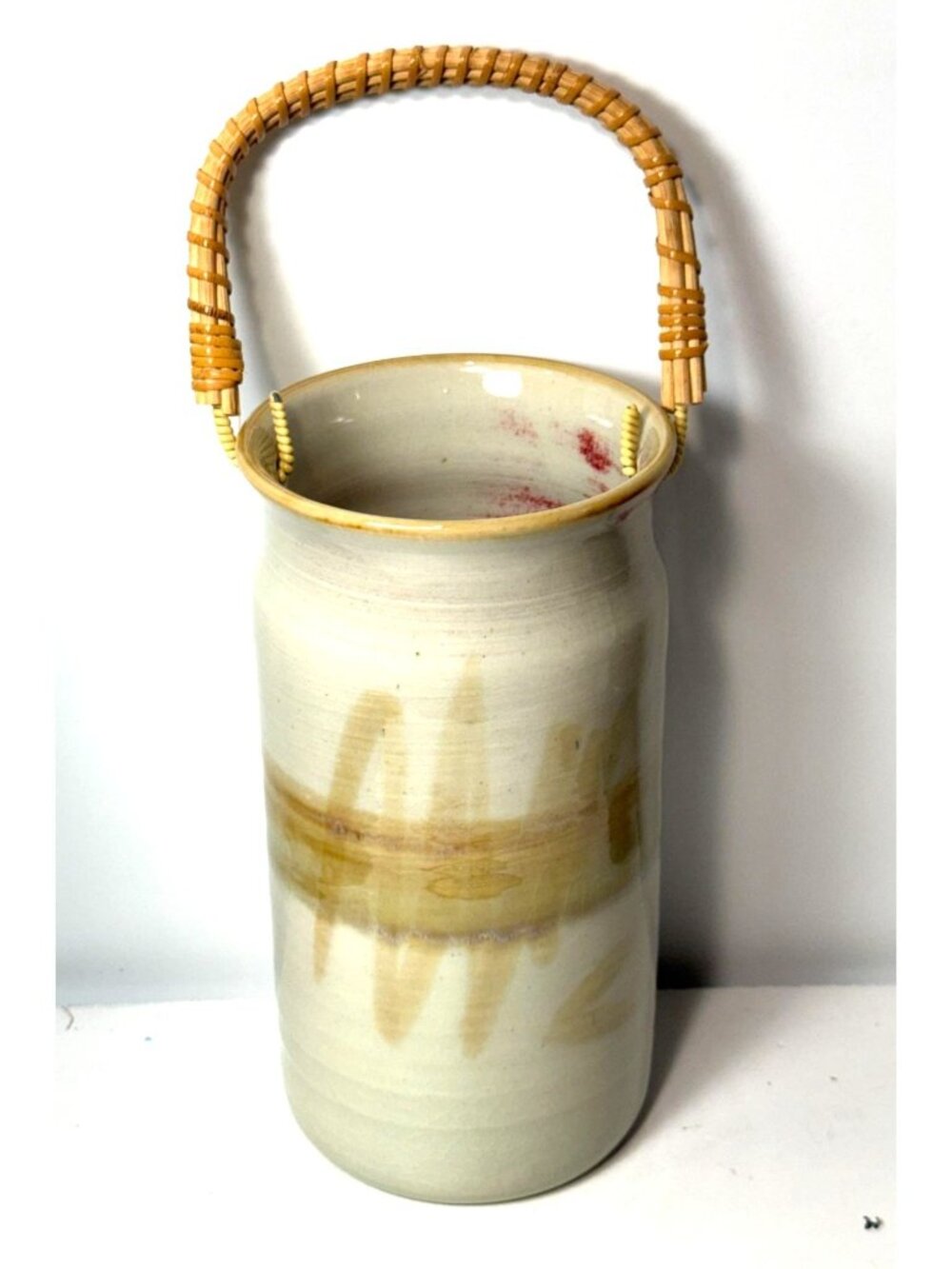 Signed Handmade Studio Pottery Canister 1985 with Woven Cane Handle